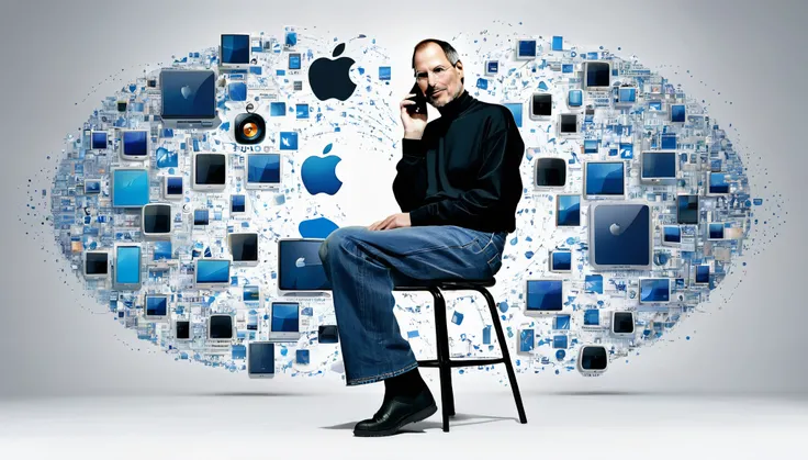 A digitally rendered portrait of Steve Jobs, capturing the essence of his visionary nature. He is seen wearing his iconic black turtleneck and blue jeans, seated on a minimalistic platform. Behind him, a timeline of Apples evolution unfolds, with various d...