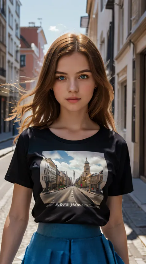 european girl with light ginger hair, photo realistic, a cozy city street in the background, (Highly detailed face:1.4), (((wearing closed t-shirt and long skirt:1.5))), blue eyes, holding book in the hand