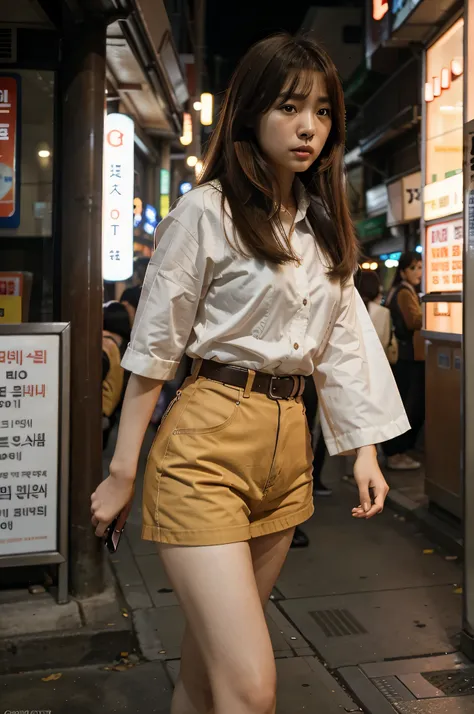  Korean girl with light brown hair walking in Seoul. , Sony Alpha α7, ISO1900, By David LaChapelle