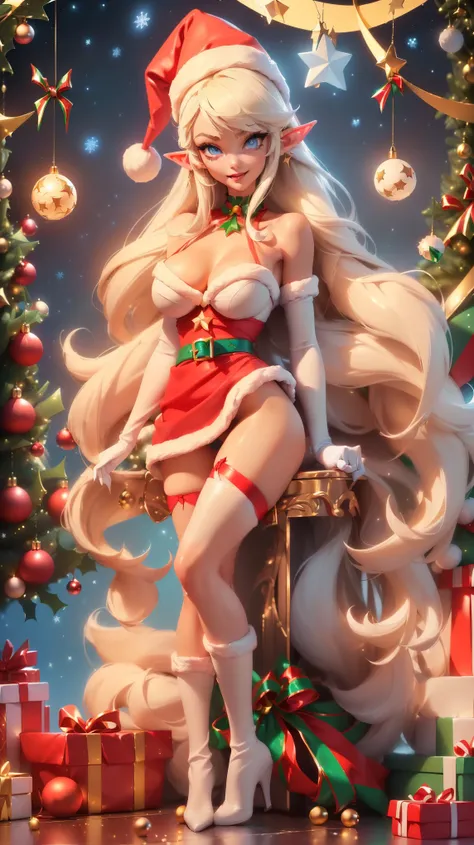 ((sit on floor alongside christmas tree without underwear)) ((tall beautiful female elf santa claus helper)) ((Perfect Big bright blue eyes)), ((elf ears)) ((dark eyeshadows make up)) ((bright red lipstick)), ((happy smile)) ((very long platinum blonde hai...