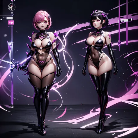 An evil magical girl in a skimpy outfit stands alone. Her costume is made up of latex fabric and transparent tights. She wears sharp black bikini armor. A hair ornament with sharp angles on her head. short hair. Sharp claws on her fingertips. A heart tatto...