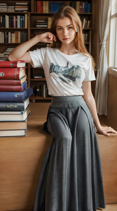 european girl with light ginger hair, photo realistic, Sitting on a mountain of books, (Highly detailed face:1.4), (((wearing closed t-shirt and long skirt:1.5))), blue eyes, holding book in the hand