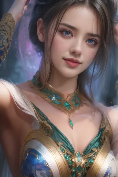 1girl in, age19, Solo, Long hair, Colossal , Looking at Viewer, blonde hair, Bare shoulders, Brown eyes, jewellery, Full body, a necklace, off shoulders, Sweaters, Realistic, A sexy, no makeup and in the green dress, (photograph:1.2)、(photorealistic:1.3)、(...