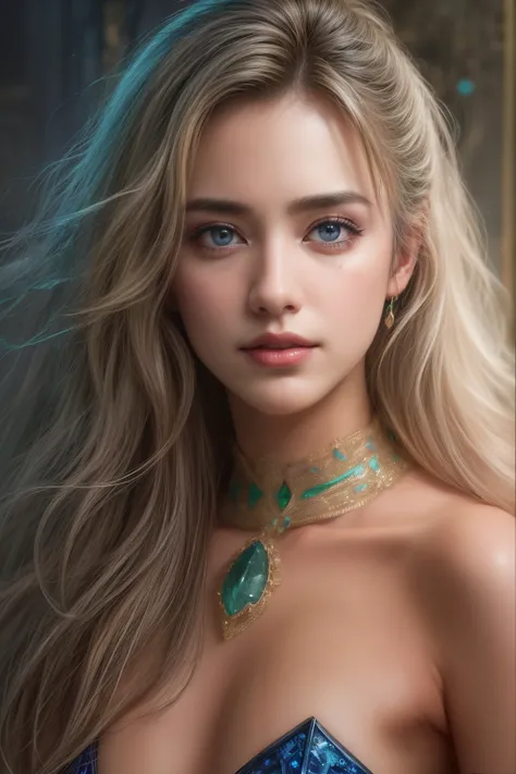 1girl in, age19, Solo, Long hair, Colossal , Looking at Viewer, blonde hair, Bare shoulders, Brown eyes, jewellery, Full body, a necklace, off shoulders, Sweaters, Realistic, A sexy, no makeup and in the green dress, (photograph:1.2)、(photorealistic:1.3)、(...