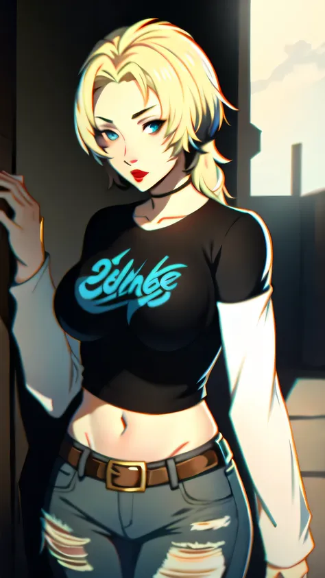 cathfe16, blonde hair, 1girl, solo, standing, black t-shirt, white shirt, blue jeans, belt, lipstick, large breasts