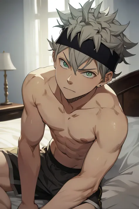 masterpiece, best quality, high quality, 1boy, solo, male focus, looking at viewer, showing his muscle, showing knees, on bed, shirtless, shirt off, asta, green eyes, headband, grey hair, spiked hair, medium, sleeping, lying on bed.