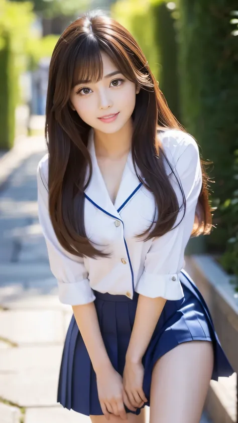 Best-quality, Masterpiece, Ultra-High-Resolution, (Photorealistic:1.4), Raw-Photo, 1girl, the most famous Japanese actress, wearing school-uniform and navy-blue pleated-miniskirt, (extremely beautiful face like the most popular Japanese actress, ((extremel...