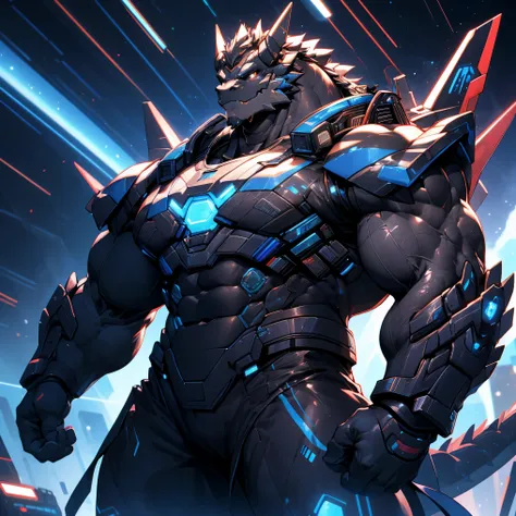 very muscular black dragon, large pecs, heavyweight, bodybuilder figure, wearing cyberpunk mecha, dress, big bump, gaze at the m...