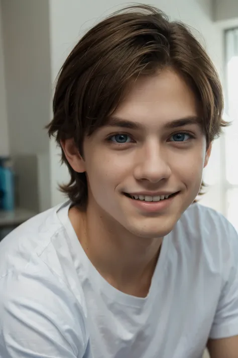 1boy,  teenaged, Light-brown hair, azure blue big eyes, Solo Focus Teen Facial, white shirt, a handsome, Smiling, The Most Beautiful Shape, elegant, bright colours, James Jean, atmospheric, perfect face details