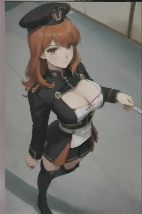 masterpiece, high quality, best quality, 1girl, (muscular female:1.0), (super gigantic breasts:1.0), (closed mouth, half smile), orange hair, hairclip, black militar uniform, skirt, militar hat, black thigh boots, anime screencap, (fully clothed:1.0), full...