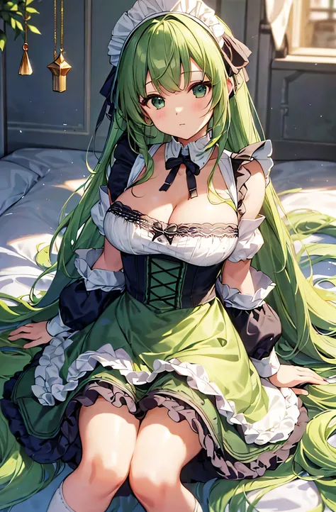 high color saturation、masterpiece、highest quality、High resolution、very delicate and beautiful、beautiful breasts、woman１people、((woman１people、solid color background、hair length、Light green hair、thick legal clothing、skirt、maid Cafe))、Huge 、off shoulder、cleava...