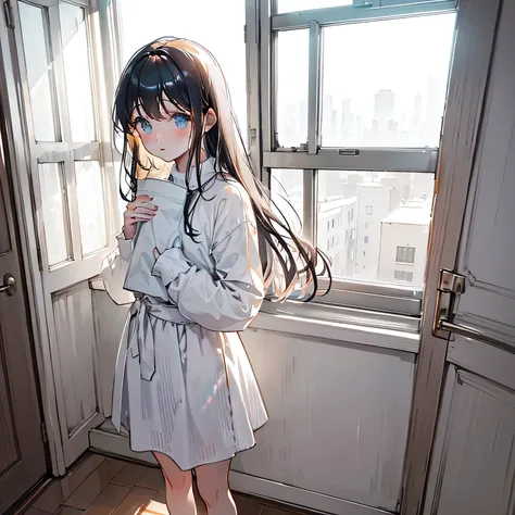 As the morning sun shines into the room、Beautiful girl standing on the windowsill。Her hair sparkles in the soft light、Staring out the window with a calm expression。There is silence in the room、Makes you feel the beginning of a new day。