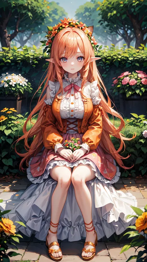 a girl , with long orange hair, dressed in a pink skirt with many flowers on her neck, and a huge cat on her head, sitting in a garden full of flowers and much light, elf girl, detailed face, detailed eyes, detailed hands