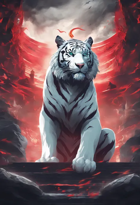 China-style，Chinese mythology，the white tiger，tosen，Ferocious，gargantuan，The eyes glow red，Glow effects，the night，medium shot the scene is，Full body like， highly detailed surreal vfx，oc rendered， - AR 16:9 --q 2 --s 1000