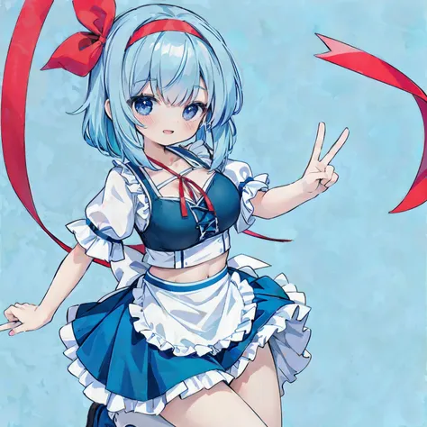 smile,peace sign、The background is a playground、BREAK (white and blue theme:1.4), (cute diner clerk costume:1.3), (short puff sleeve white crop top with plunking neckline:1.4), (ruffles on neckline:1.3), ((collarbone, stomach, emphasize breast cleavage):1....