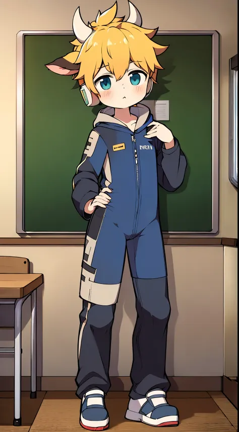 2d boy shota，one-piece mountaineering suit，put the headphones on your head，standing，goggles，horns，cow ears，sports shoes，classroo...