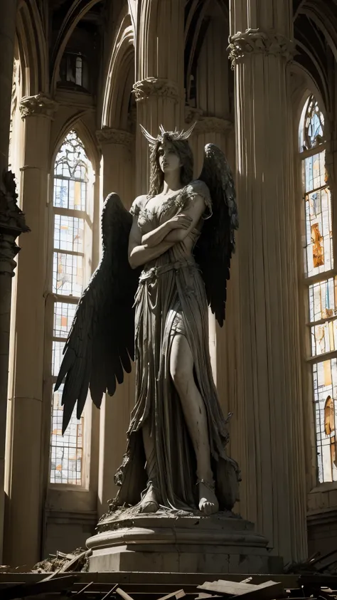 A colossal fallen statue of the archangel Lucifer, cracked halo and shattered wings amidst the ruins of a divine cathedral,
 