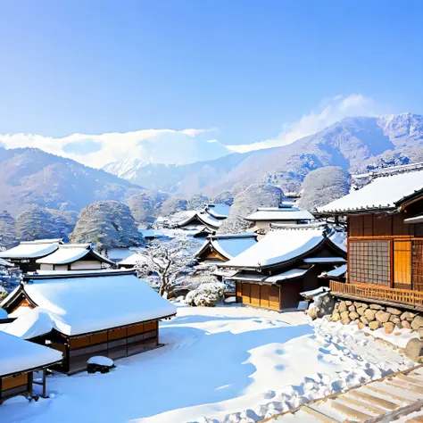 describe a winter landscape in japan, using characteristic elements of the season and the region. include details such as snow-c...