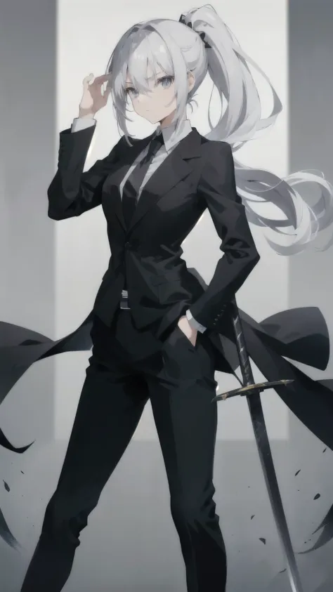 black business suit. black pants. black shirt. black tie. blue eyes. white ponytail. Her hairstyle is a ponytail. Gray hair. Her hair color is white. Gray hair. girl. human. One person. One girl. He has a Japanese sword.