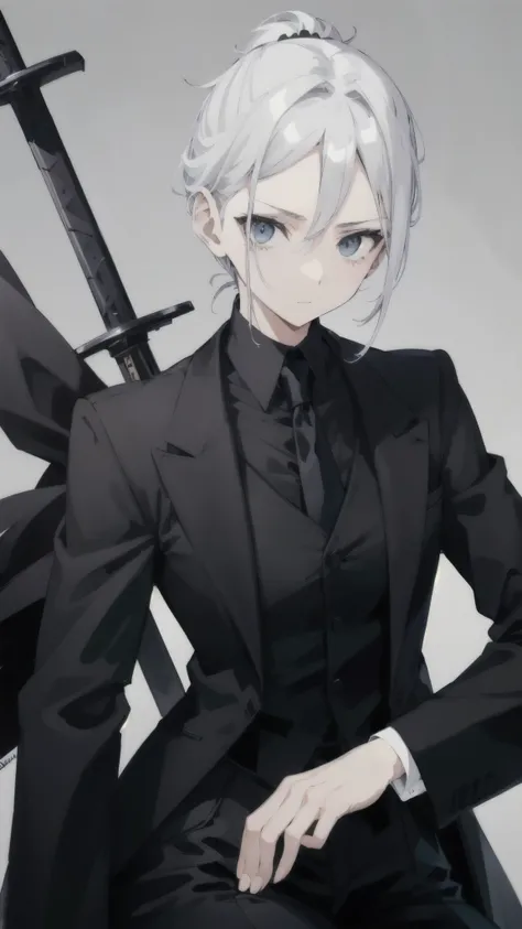 black business suit. black pants. black shirt. black tie. blue eyes. white ponytail. Her hairstyle is a ponytail. Gray hair. Her hair color is white. Gray hair. girl. human. One person. One girl. He has a Japanese sword.