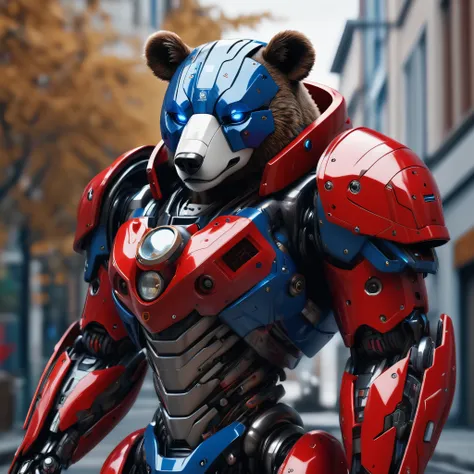 an ultra detailed, hiper realism, digital art, of a mecha bear, white eyes, with in an elegant red and blue cyborg armor with mechanic parts and cyborg helmet with the russia flag on background photo , sci-fi armor, super detailed armor, carbon textures, g...