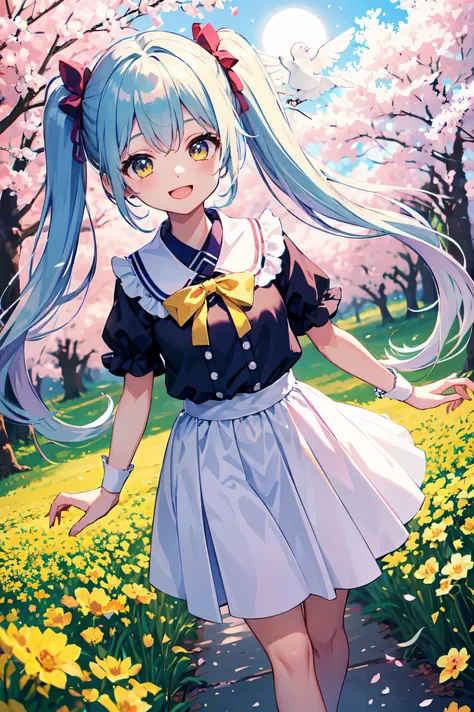 dynamic angle、light blue long hair、She is a cute chibi girl with twin tails..、 Forest in full bloom of cherry blossoms、adorable smile、Moonlight twinkle, flowers bloom、big white dove flying、Cherry tree in full bloom、Nice views、Yellow rape blossoms bloomed a...