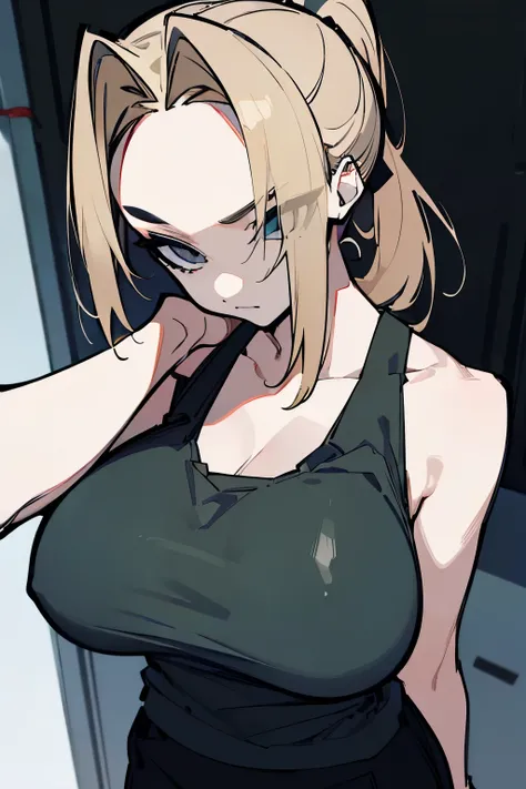 (highest quality、masterpiece:1.2), one woman,mature woman、sharp eyes、blonde、ponytail、Her bangs are parted and her forehead is visible.、Black Tank Top、cargo pants、 (big breasts)（With background、garage）Darker tones