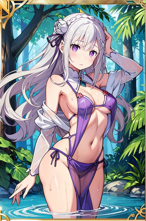 (MASTERPIECE), (Best Quality), (Ultra Detail), (Best Anatomy), Official Art, One Girl,  Emilia re:zero, purple eyes, Emilia, crown braid, x hair ornament, flower hair ornament, white hair, long hair, medium breasts, Goddess, See-Through Robe, Small Breasts...