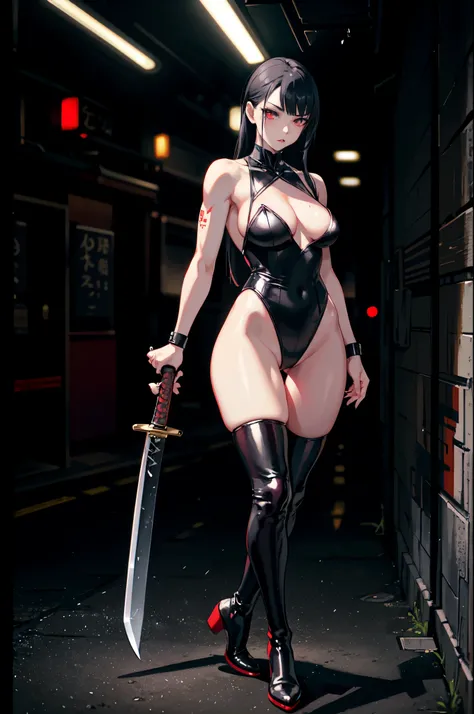 solo, solo focus, japanese yakuza mobster girl with a gymnast leotard, matching boots, black hair, glowing red eyes, bare legs, perfect anatomy, perfect proportions, uses katana blade, facial scar, stylish, hdr, intricate details, hyperdetailed, cinematic,...