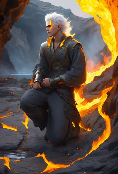 Photo of a guy with white hair and yellow eyes, High detail, Clarity, 8 cc, young guy, 18 years, light gray hair, short haircut, Yellow eyes, grin, fire crown, lava is everywhere, A huge cave, guy kneeling near the lake, realism, fantasy,