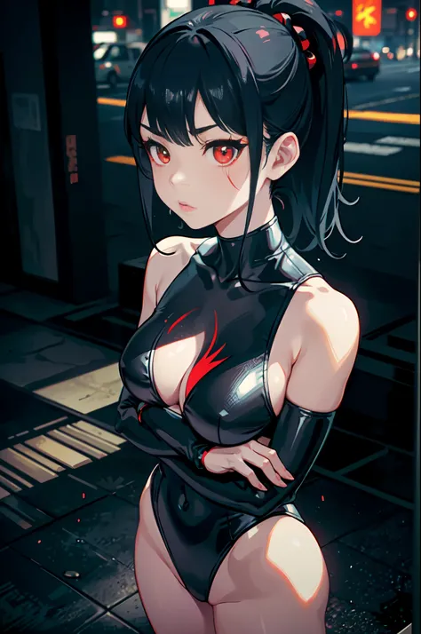 solo, solo focus, japanese yakuza mobster girl with a gymnast leotard, black hair, glowing red eyes, bare legs, arms crossed, facial scar, stylish, hdr, intricate details, hyperdetailed, cinematic, rim light, danger atmosphere, noir, night, cyberpunk light...