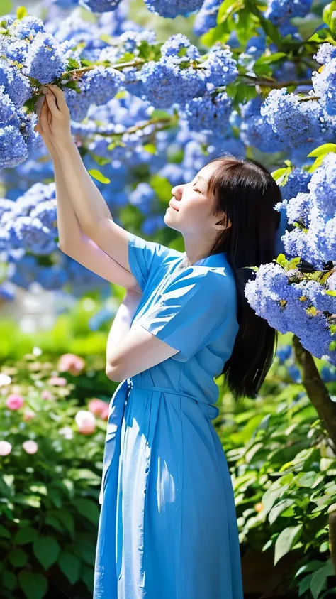 In a fragrant garden, A blind woman stands with her arms outstretched, Gently touch the petals that I met, Connection with nature and sweet blue flowers.