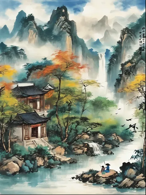 qiman.com,  a river，there is a boat in the water，there is an island on a mountain, ink painting, chinese style,