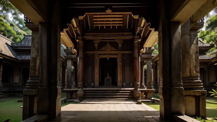 ancient Indonesian royal palace, Hindu temple style, gothic, mysterious afternoon sun, surrounded by tropical forests, realistic