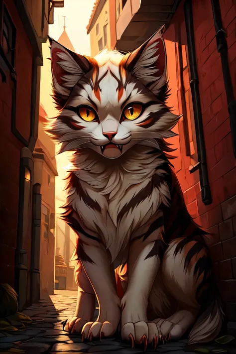 ((best quality)), ((masterpiece)), (detailed), perfect face A female werecat with beautiful white fur and golden slitted eyes, peering at you from an alleyway with her fangs bared with a hiss and her claws extended
