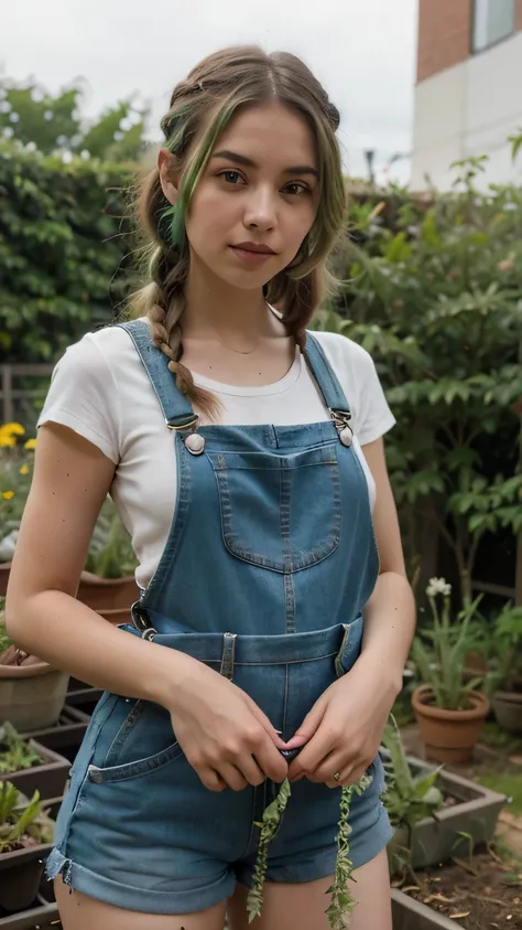 1girls, Nur, green Hair , 24 years old , Dressed in mini gardening overalls, her hair braided, posing among the flowers