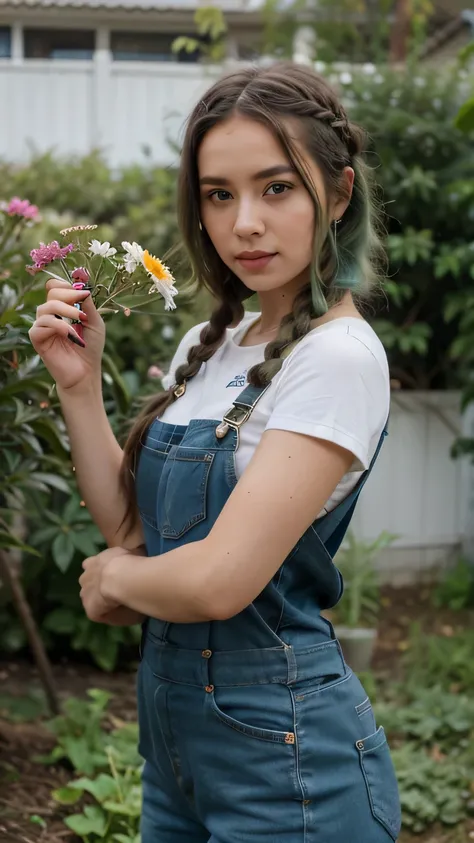 1girls, Nur, green Hair , 24 years old , Dressed in mini gardening overalls, her hair braided, posing among the flowers