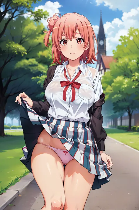 highest quality, masterpiece, High resolution, 1 girl, yuigahama yui, pleated skirt, short hair, red ribbon, white shirt, black jacket, smile, blush, garden, white thighs, (huge breasts), (wide pelvis), (Are standing), (very big_lower body:1.5), (Very thic...