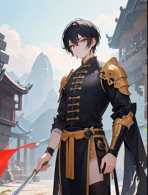 ((top quality, 8K, masterpiece: 1.3)), 2, Li Bai，（male），a boy,Turn sideways，man，male，short black hair，knight，knight，Ancient Swordsman，stand at attention，handsome face，light novel male protagonist，Strong body，Scattered bangs，(China costume: 1.2),Short black...