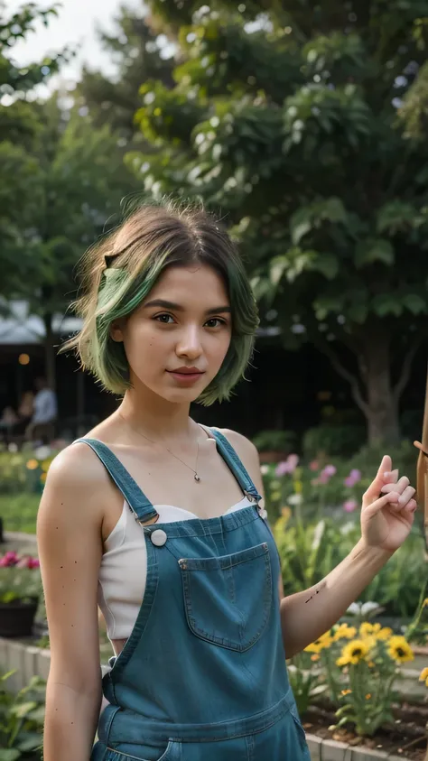 1girls, Nur, green Hair , 24 years old , Dressed in mini gardening overalls,  posing among the flowers