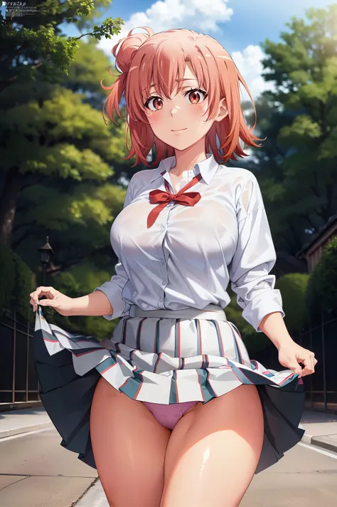 highest quality, masterpiece, High resolution, 1 girl, yuigahama yui, , pleated skirt, short hair, red ribbon, white shirt, black jacket, big, smile, blush, garden, 白いthighs, (huge breasts), (wide pelvis), (Are standing), (とてもbig_lower body:1.5), (Very thi...