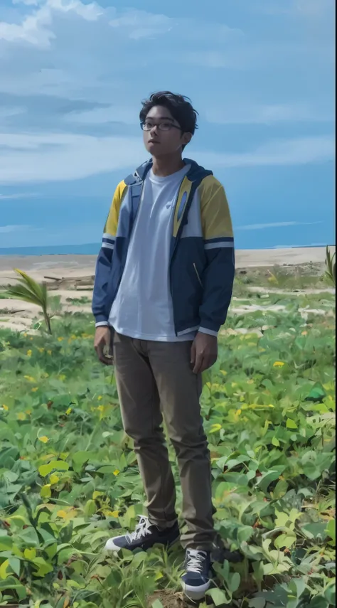 A boy with glasses wearing blue and yellow jacket, realistic