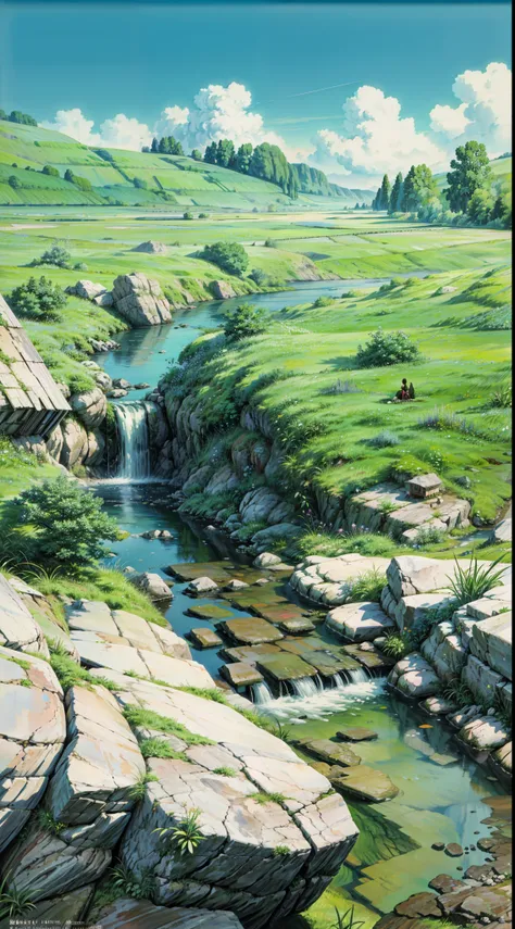 a painting of a stream running through a lush green field, anime countryside landscape, yoshikazu yasuhiko, ilya kuvshinov landscape, studio ghibli concept art, studio ghibli smooth concept art, anime scenery concept art, classical landscape painting, hiro...