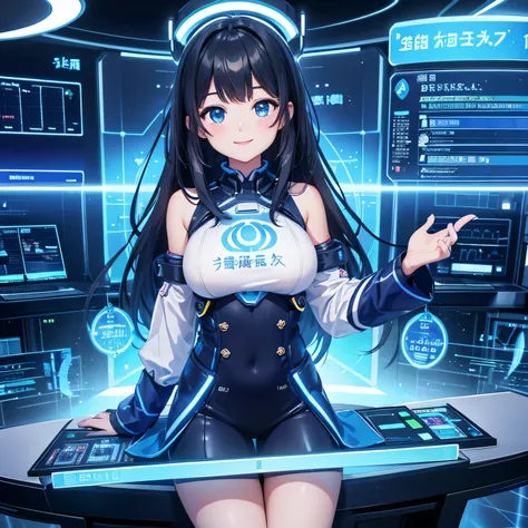 beautiful smiling girl working in a futuristic control center。she was operating a holographic display that resembled a blue ball...