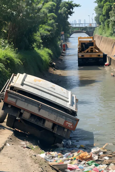 dump truck dumping a large amount of garbage into the river
