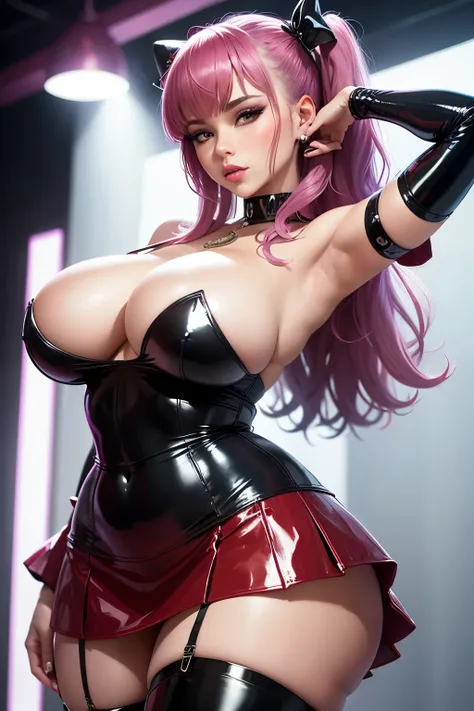 A beautiful and sensual prostitute, adorned with enormously large breasts, dons a short latex skirt.