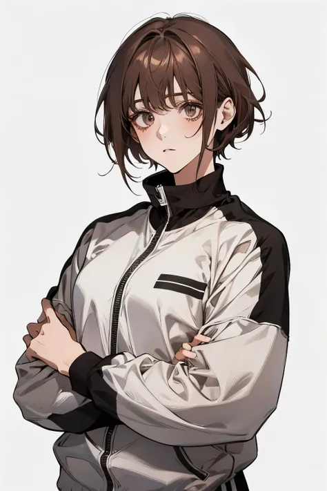 tracksuit、short brown hair、loose clothing、Ordinary shirt、１girl、Upper body、masterpiece、highest quality、high school student、（white background）