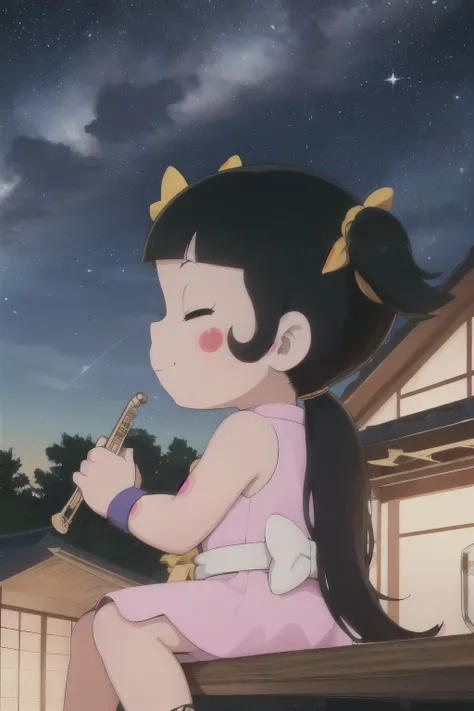 njtsubasa,1girl,solo,instrument,sandals,black hair,night,closed eyes,music,sitting,flute,playing instrument,sky,blush stickers,long hair,star (sky),night sky,ponytail,outdoors,bangs,japanese clothes,starry sky,bush,blunt bangs,bow,sleeveless,ninja,holding,...