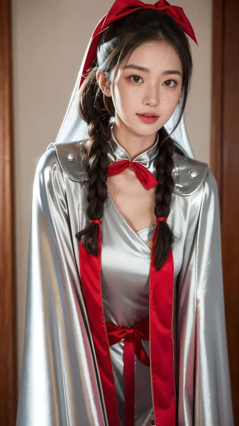 (Raw photo) , Detailed features , perfect face , perfect eyes , detailed eyes , (beautiful:1.50) , beautiful chinese girl in her 20s with long hair  in a ponytail , smiling , (((long voluminous high collar silver satin and red lined cape tied at the neck w...