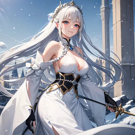 An elegant beautiful swordsman wearing equipment decorated with white and silver pearls.。She braids her long black hair、Smiling calmly with calm gray eyes。The background depicts a winter castle with falling snow.、she looks like a court swordsman。